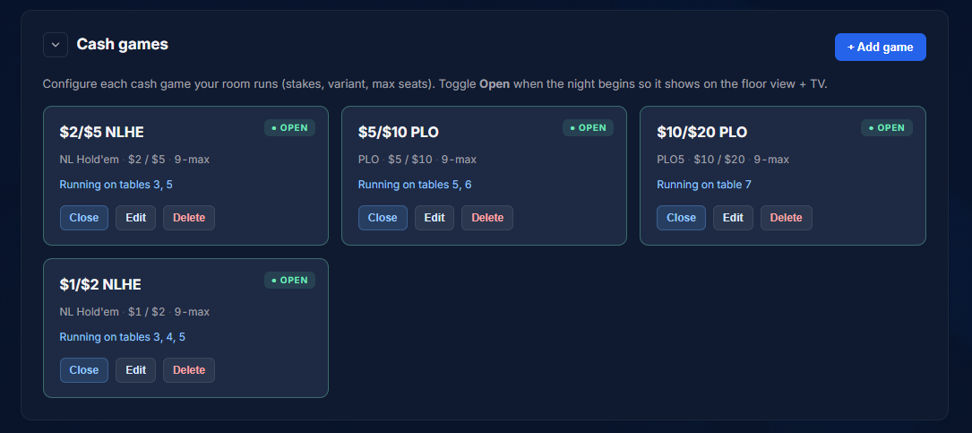 Cash game floor view — active tables and floor status