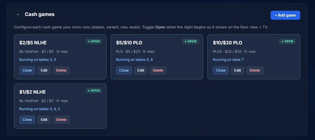Cash game floor view — active tables and floor status
