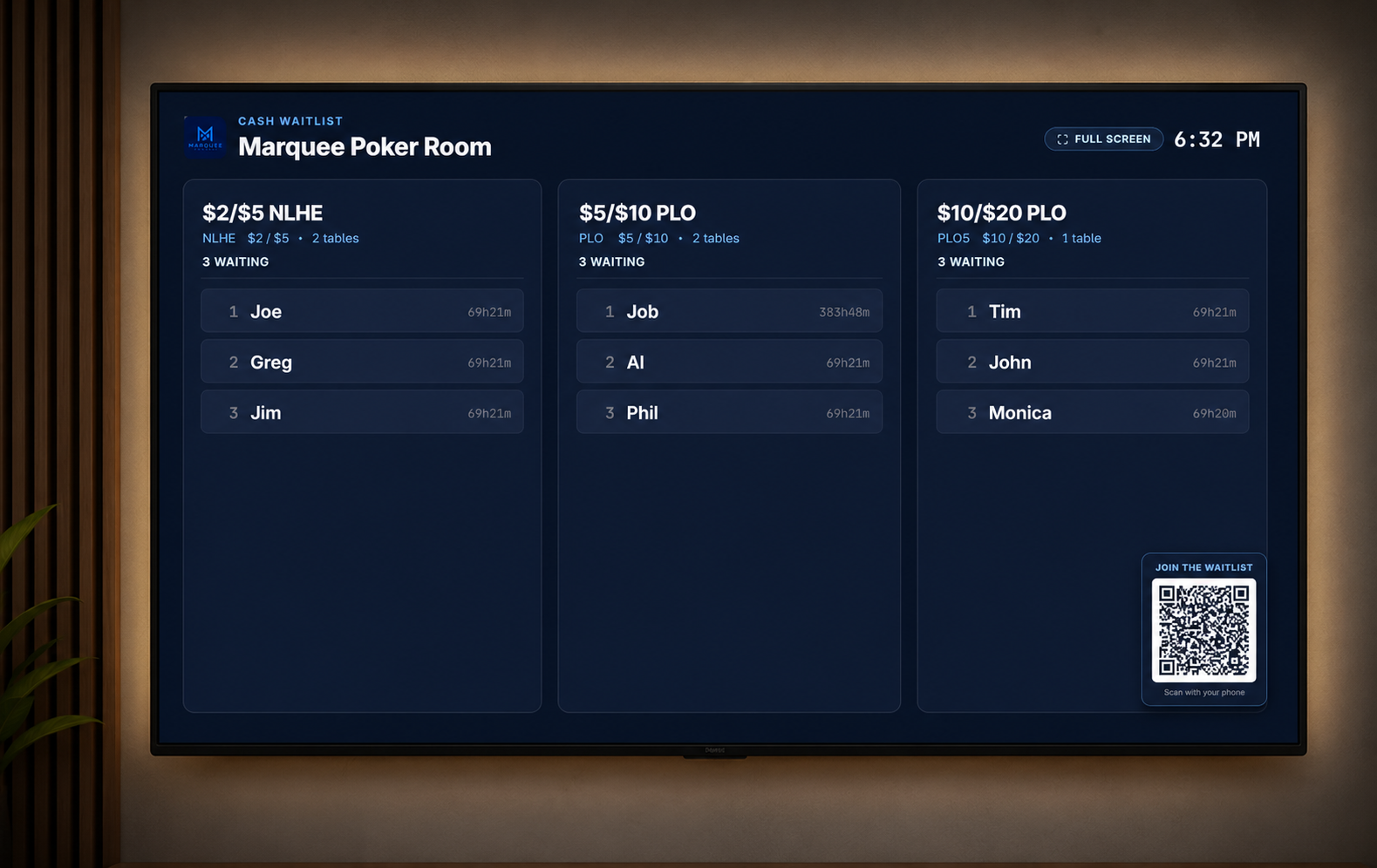 Waitlist TV display variant 2 — seating detail