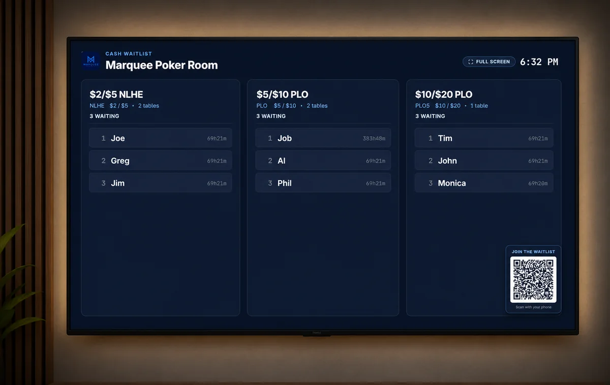 Waitlist TV display variant 2 — seating detail