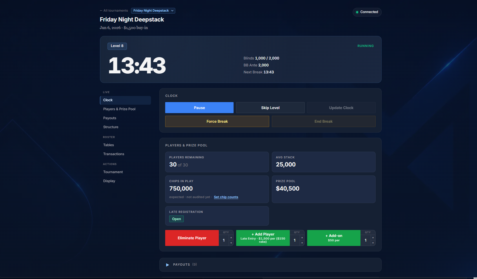 Tournament control panel on desktop — live clock controls, players remaining, prize pool, and roster actions