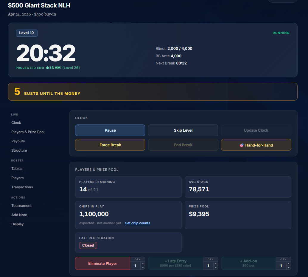 Floor manager mobile console — pause, advance, balance tables