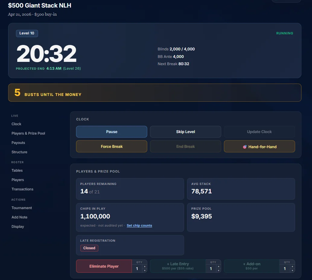 Floor manager mobile console — pause, advance, balance tables