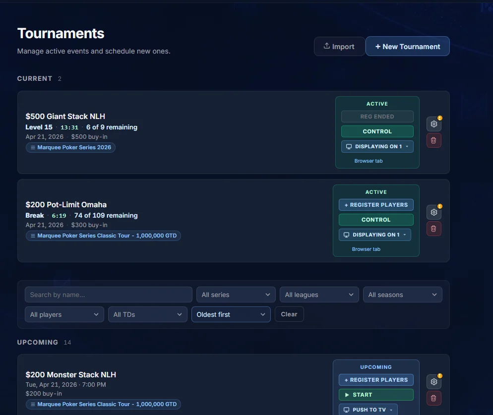 Tournaments dashboard listing active and upcoming events