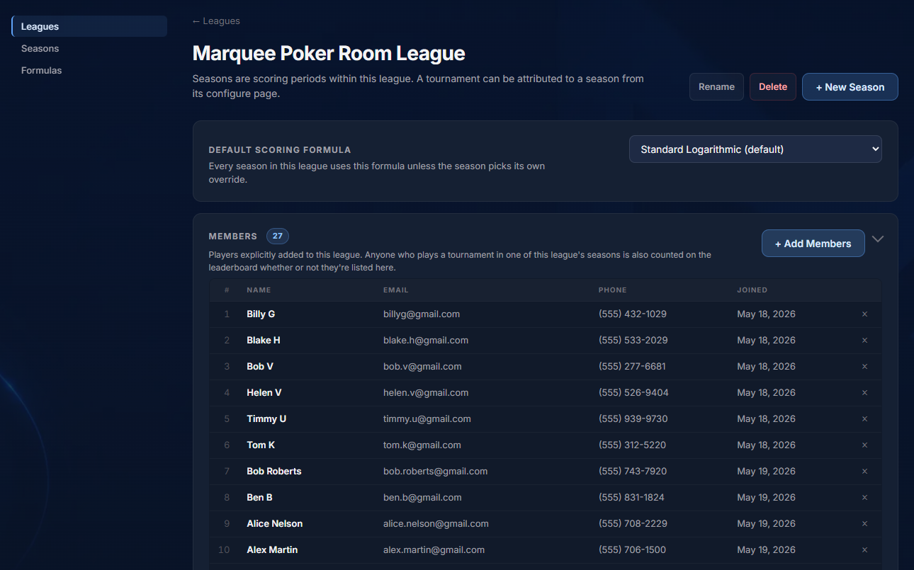Multi-tournament dashboard with active and upcoming events grouped by series