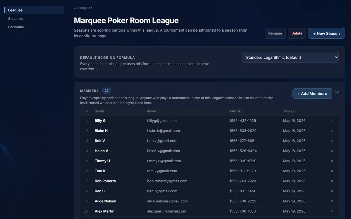 Multi-tournament dashboard with active and upcoming events grouped by series